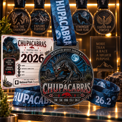 Chupacabras Virtual Race 2026 medal from Cryptid Quest Series, featuring a detailed chupacabras design for 1M, 5K, 10K, 13.1, and 26.2 races.