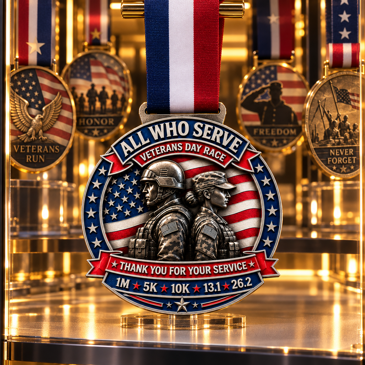 Veterans Day Virtual Race 2026 medal by virtualrunevent, featuring a patriotic design for 1M, 5K, 10K, Half Marathon & Marathon.