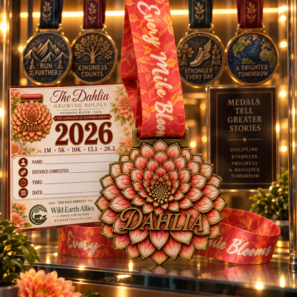Dahlia Virtual Race medal featuring colorful flower design for 5K, 10K, half marathon, and marathon virtual race event