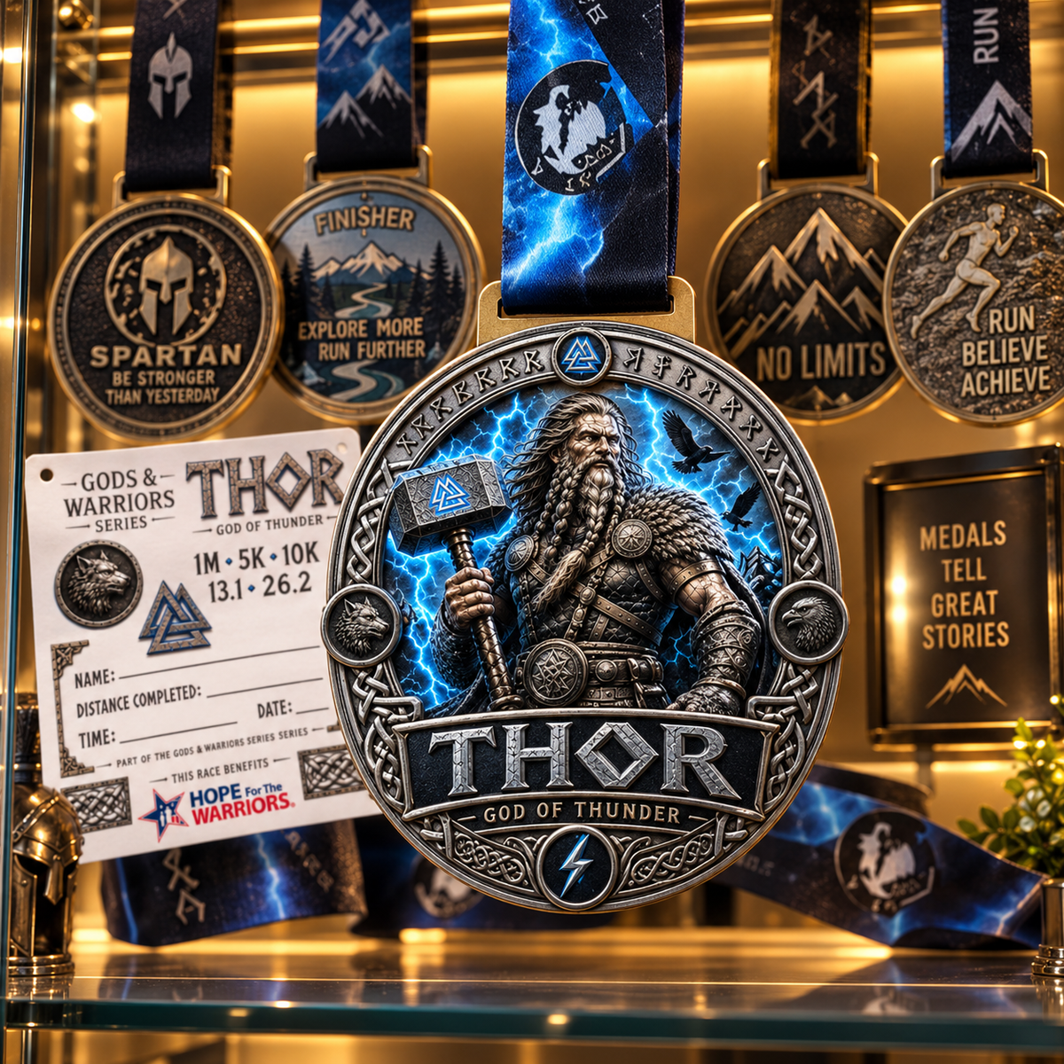 Norse mythology-themed Thor Virtual Race medal featuring Thor with a hammer, awarded for 5K, 10K, half marathon, and marathon.