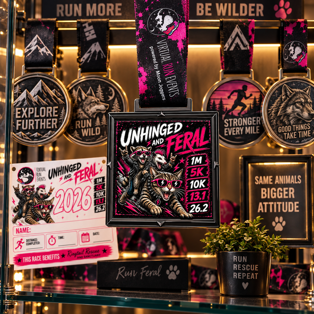 Unhinged and Feral Virtual Race medal featuring a raccoon design for 1M, 5K, 10K, half marathon, and marathon distances.