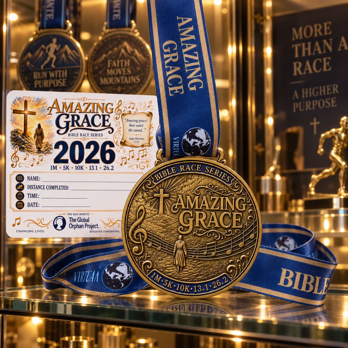 Christian Amazing Grace Virtual Race medal by virtualrunevent, featuring a detailed design with race and faith symbols.