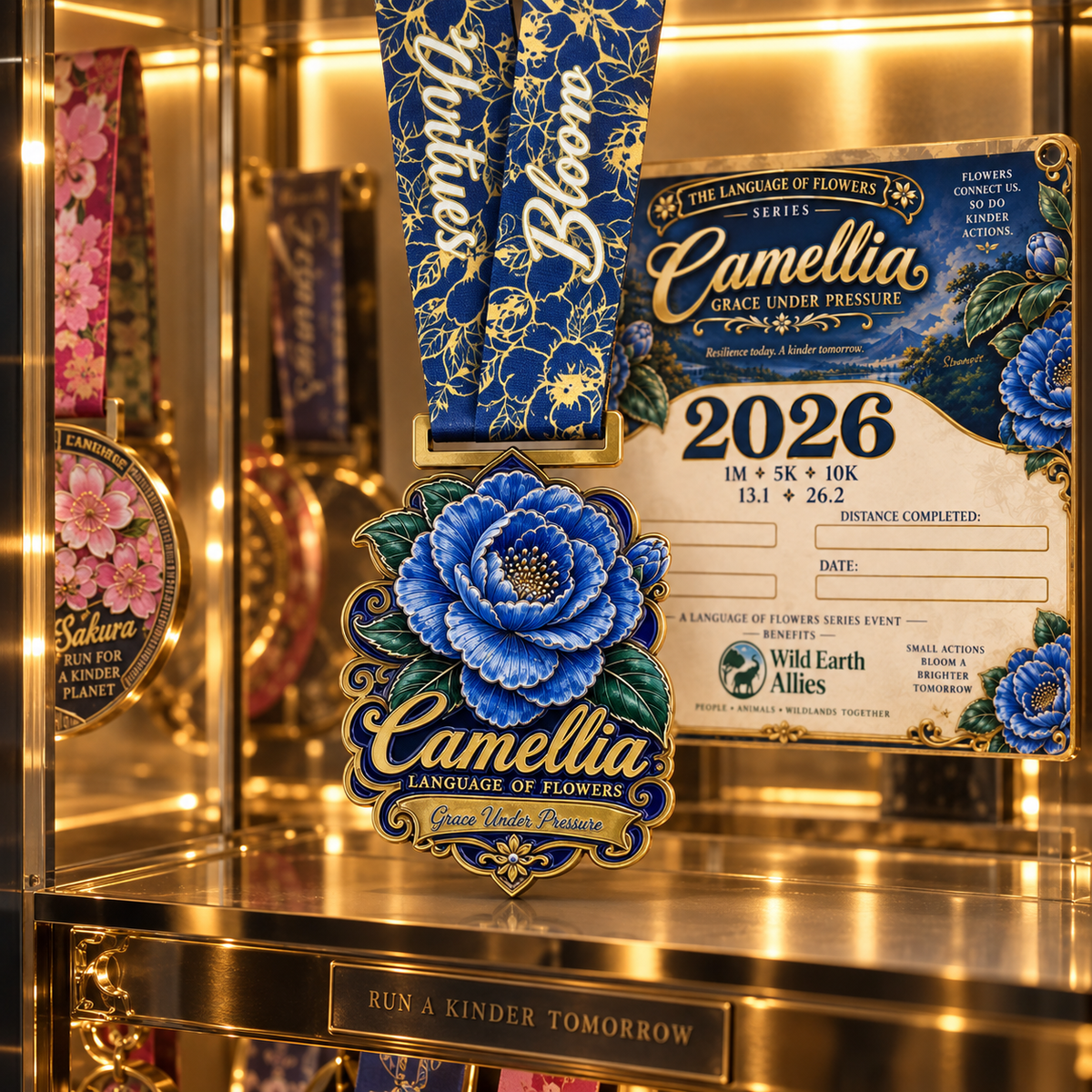 Camellia Virtual Race 2026 by virtualrunevent, showing race medals and participant bibs for 1M, 5K, 10K event.
