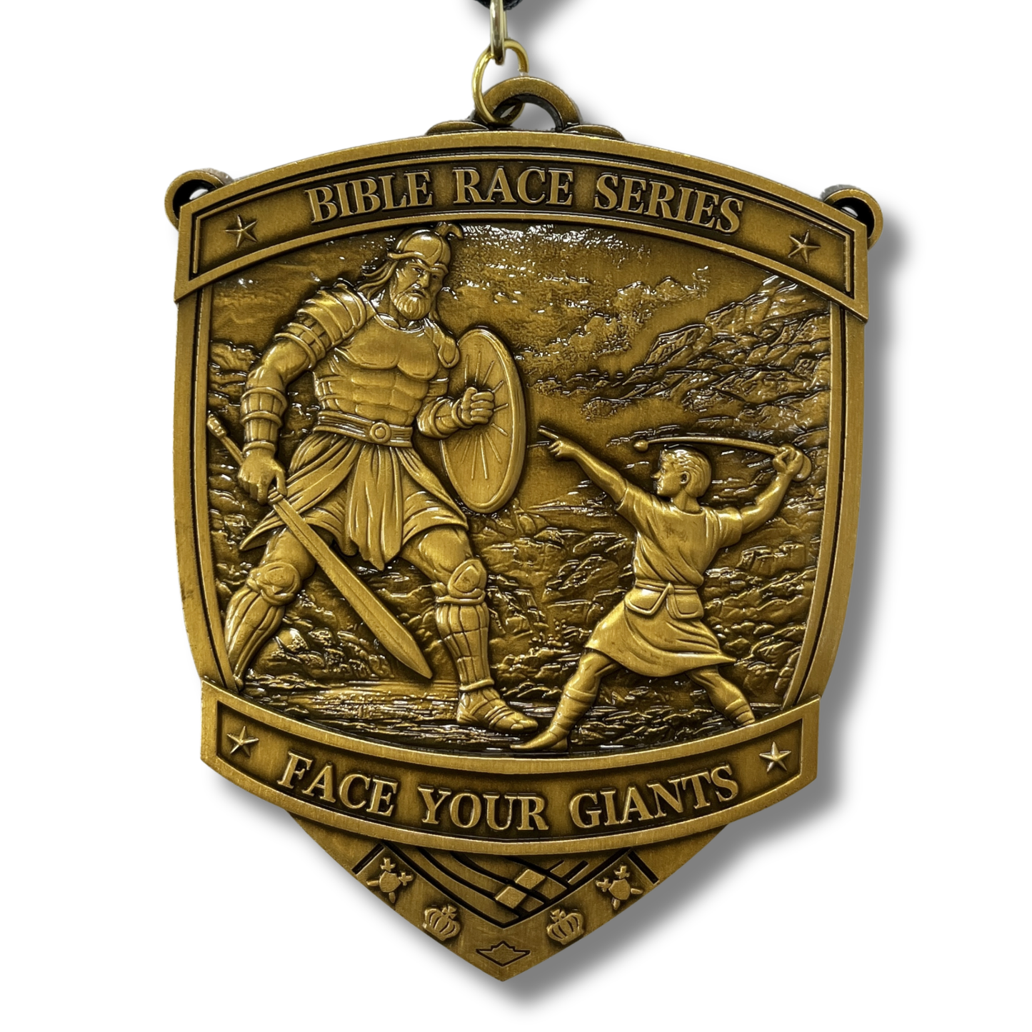 Christian virtual run medal for the Face Your Giants Race 2026, featuring a detailed design and virtualrunevent branding.