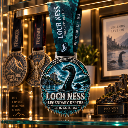 Loch Ness Legendary Depths virtual race medal from Cryptid Quest Series by virtualrunevent, featuring aquatic design and race distances.