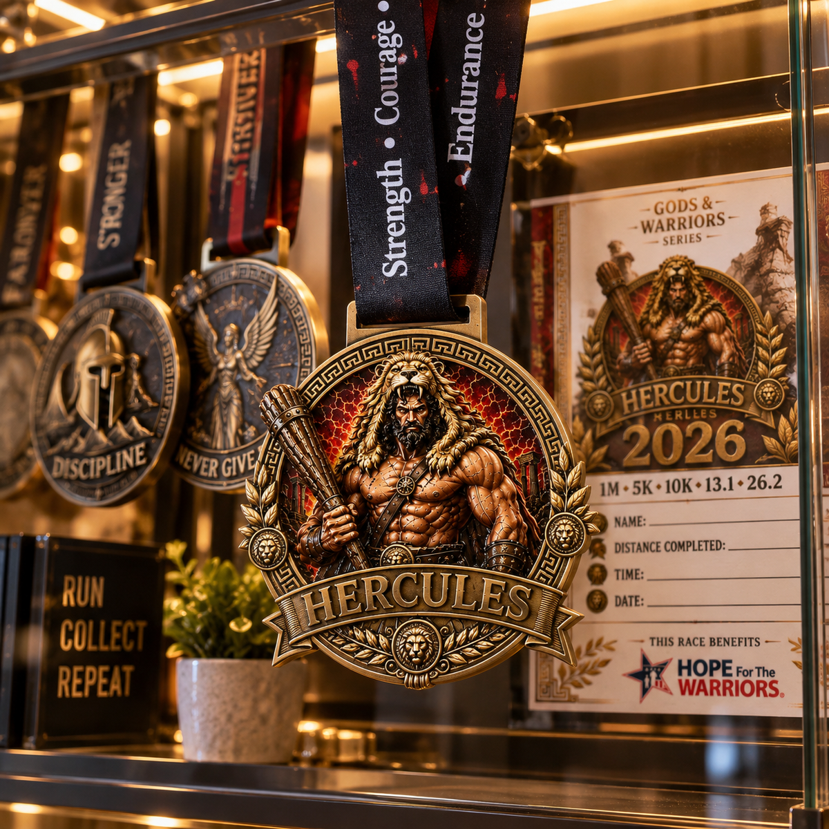 Hercules Virtual Race medal featuring Greek mythology design for 5K, 10K, Half Marathon, and Marathon events.