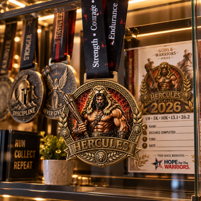 Hercules Virtual Race medal featuring Greek mythology design for 5K, 10K, Half Marathon, and Marathon events.