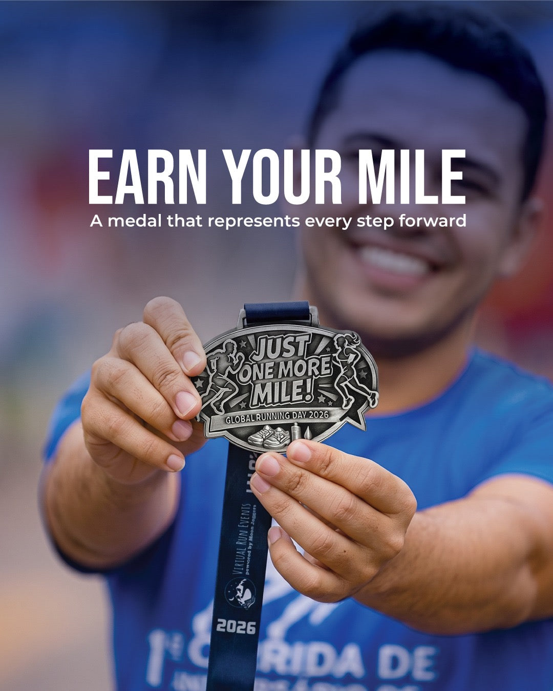 Virtualrunevent Just One More Mile Race 2026 medal for Global Running Day, featuring a detailed design and vibrant colors.