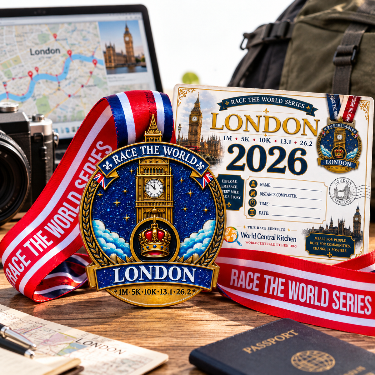 Virtualrunevent London Virtual Race medal featuring iconic London landmarks for 5K, 10K, Half Marathon, and Marathon travel challenge.