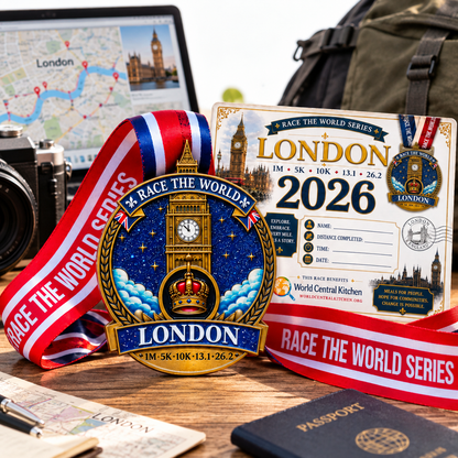 Virtualrunevent London Virtual Race medal featuring iconic London landmarks for 5K, 10K, Half Marathon, and Marathon travel challenge.