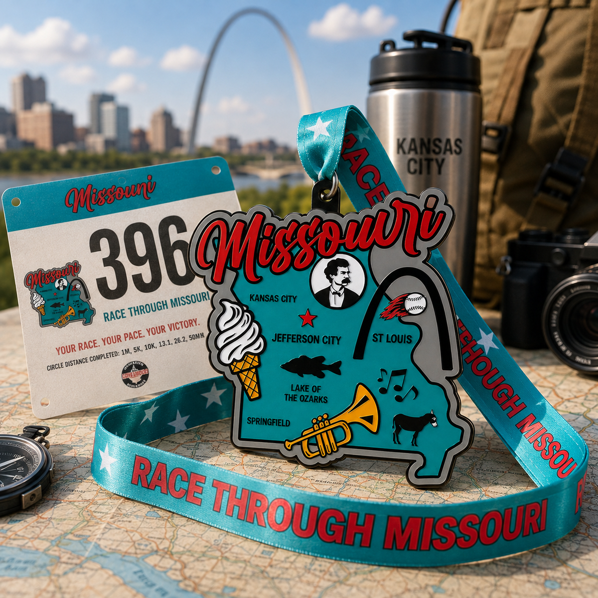 Virtualrunevent Missouri Race medal for 5K, 10K, half marathon, and 50-mile challenge showing a colorful Missouri map design