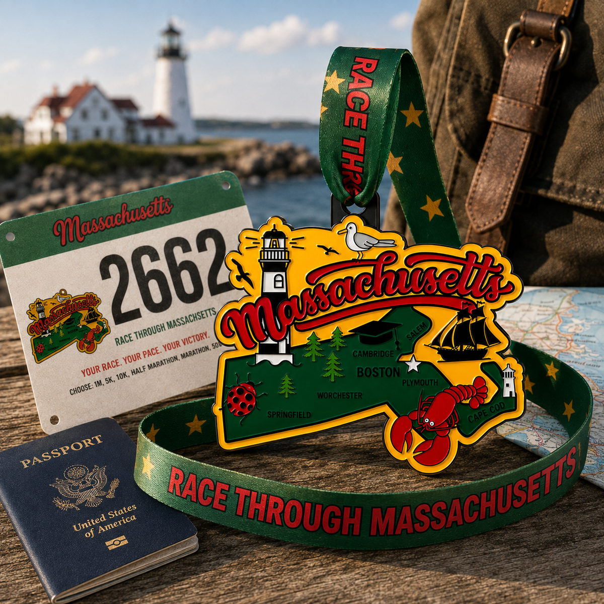 Massachusetts race medal and bib from VirtualRunEvent for 1M, 5K, 10K, half marathon, and marathon events.