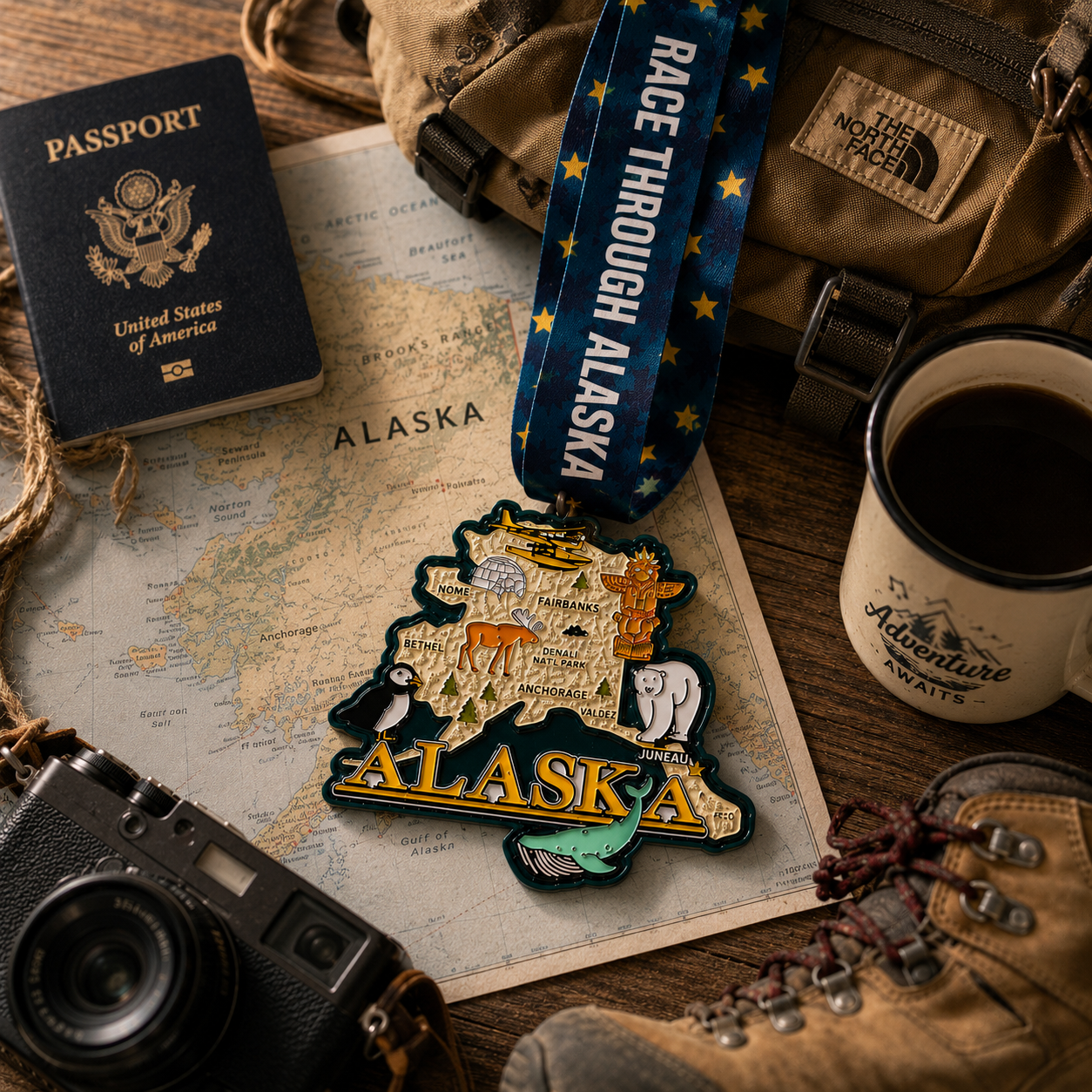 Alaska virtual race medal featuring a scenic travel scene, awarded for completing 5K, 10K, half marathon, marathon, or 50-mile race.