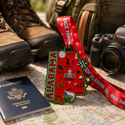 Virtualrunevent Race Through Alabama medal featuring a travel scene design for 5K, 10K, half marathon, and 50-mile challenge.