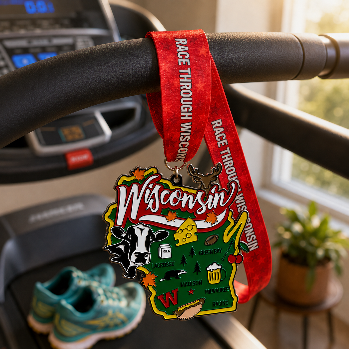 Virtualrunevent Race Through Wisconsin medal featuring scenic travel and race details for 5K, 10K, half marathon, and marathon events.