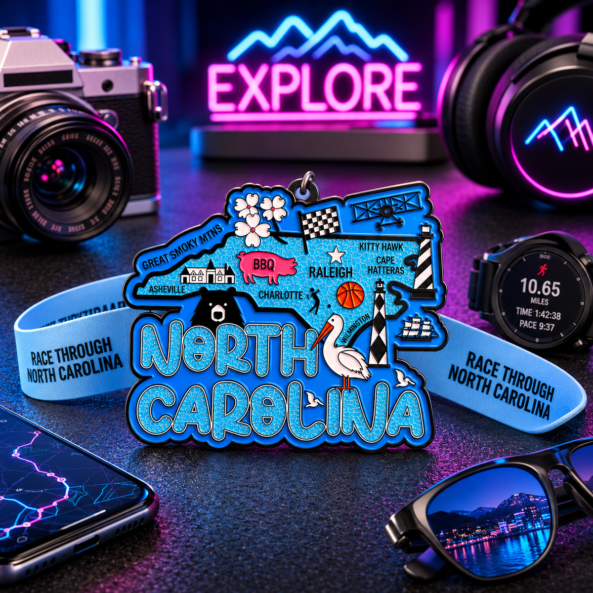 Virtualrunevent North Carolina race medal featuring a travel scene, for 5K, 10K, half marathon, and 50-mile challenge finisher.