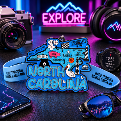 Virtualrunevent North Carolina race medal featuring a travel scene, for 5K, 10K, half marathon, and 50-mile challenge finisher.