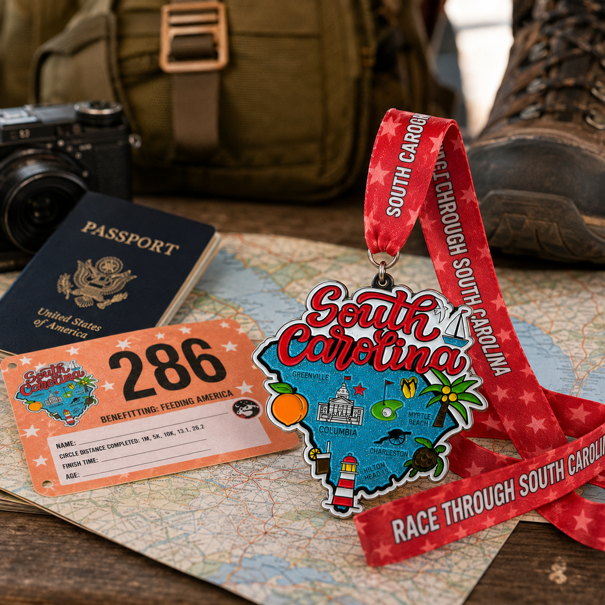 Virtualrunevent Race Through South Carolina medal featuring a scenic travel scene for 5K, 10K, half marathon, and marathon virtual races.