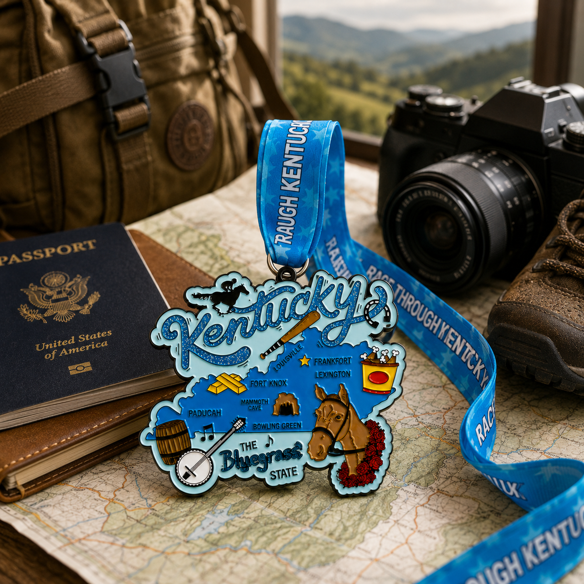 Virtualrunevent Race Through Kentucky 5K to 50 Mile challenge medal featuring a scenic Kentucky travel scene.