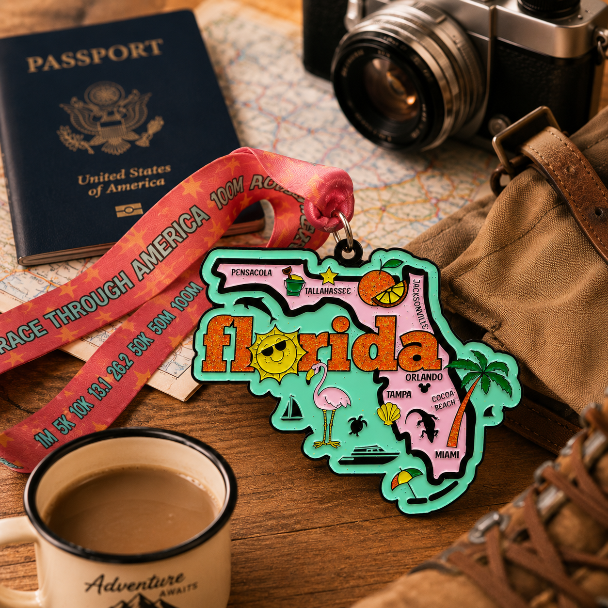 Virtualrunevent Race Through Florida medal and bib, featuring a travel scene design with tropical imagery and event branding.