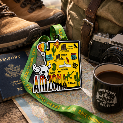 VirtualRunEvent Arizona race medal featuring desert landscape and mountain design for 5K, 10K, half marathon, and 50-mile challenges.