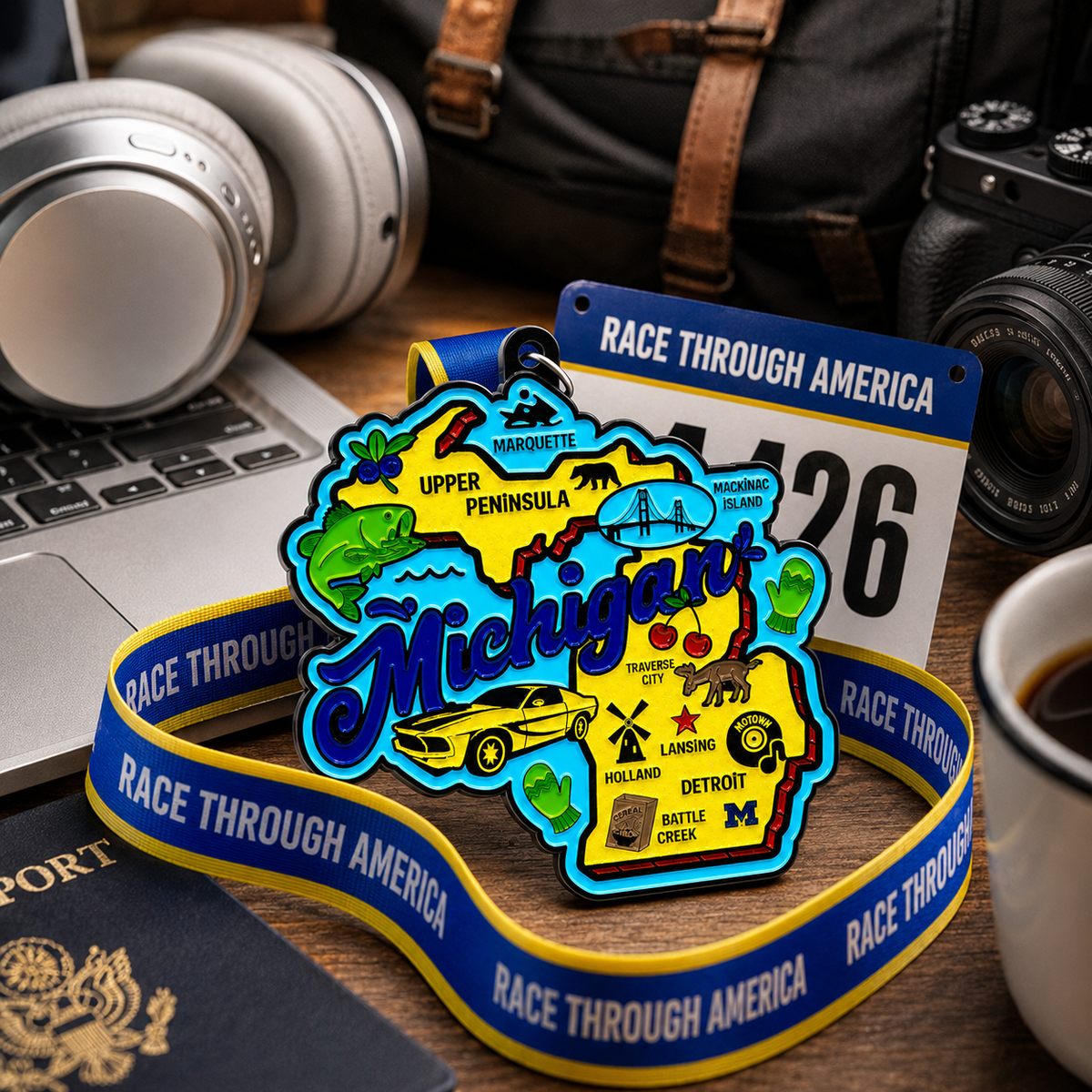 Michigan Virtual Race medal for 1 mile, 5K, 10K, half, and marathon distances, featuring a travel scene design.