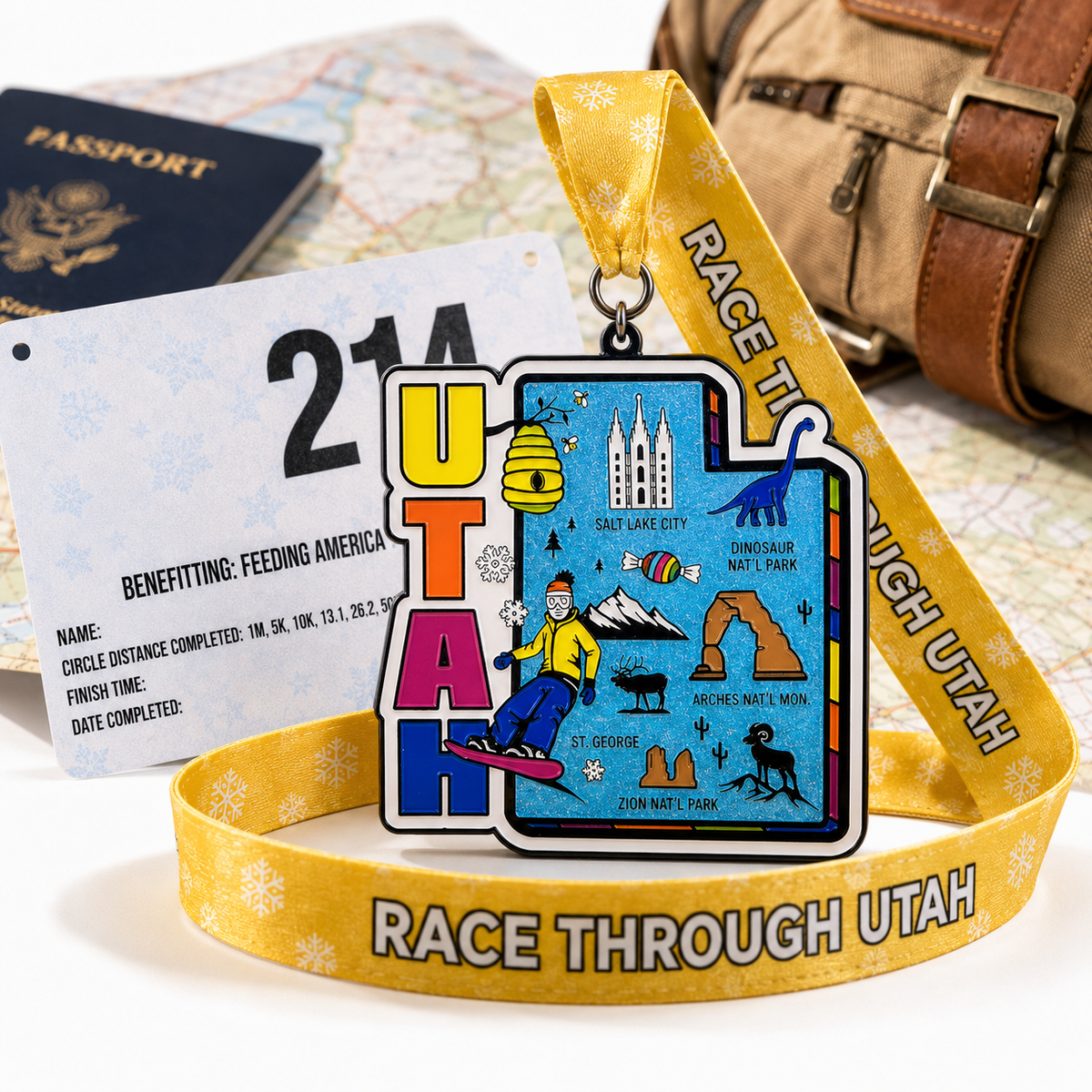 Virtualrunevent Race Through Utah medal featuring a scenic travel scene, symbolizing the 5K, 10K, half marathon, and 50-mile challenge.