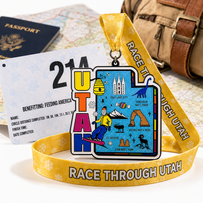 Virtualrunevent Race Through Utah medal featuring a scenic travel scene, symbolizing the 5K, 10K, half marathon, and 50-mile challenge.