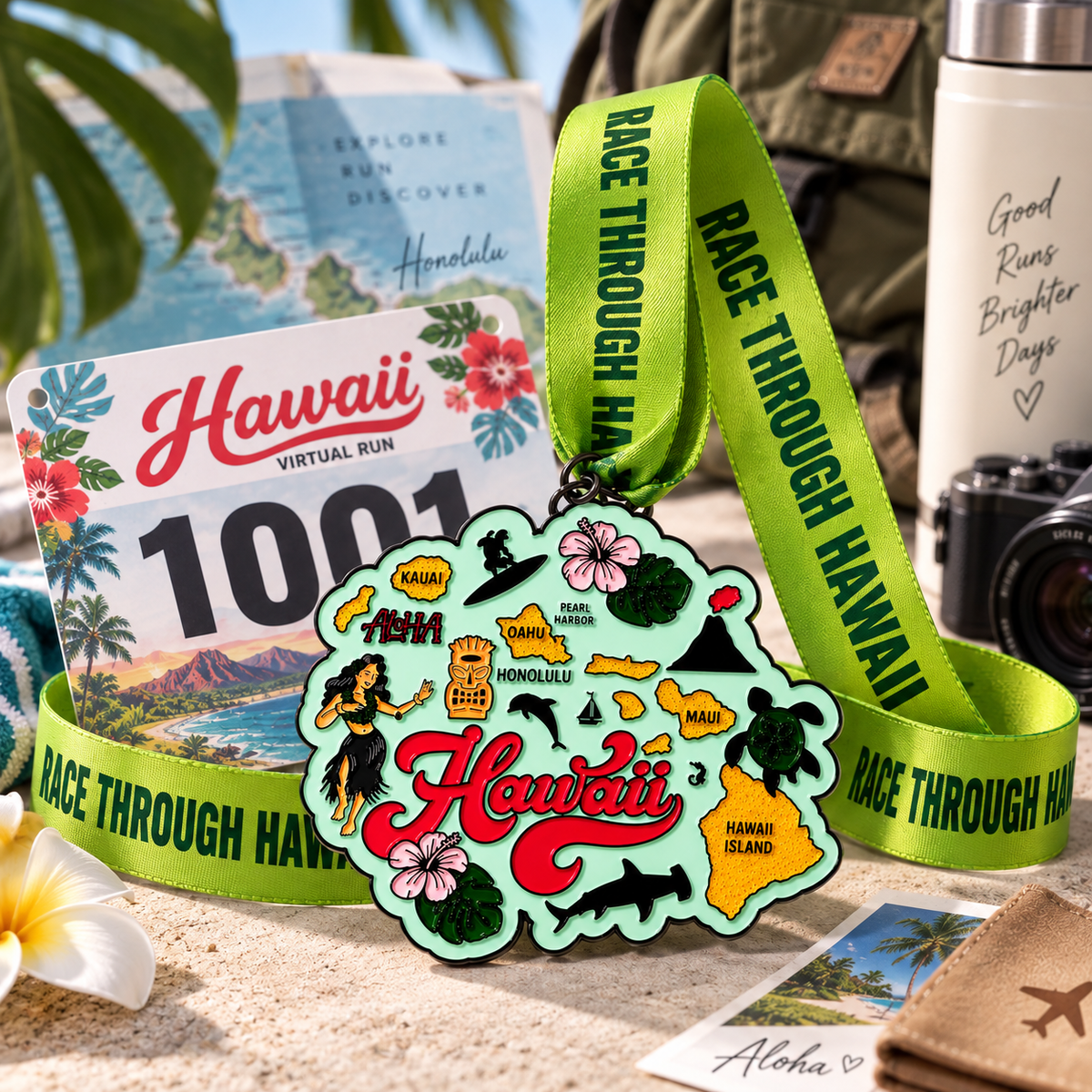 Virtualrunevent Hawaii race medal featuring a tropical travel scene, designed for 5K, 10K, half marathon, and 50-mile challenges.