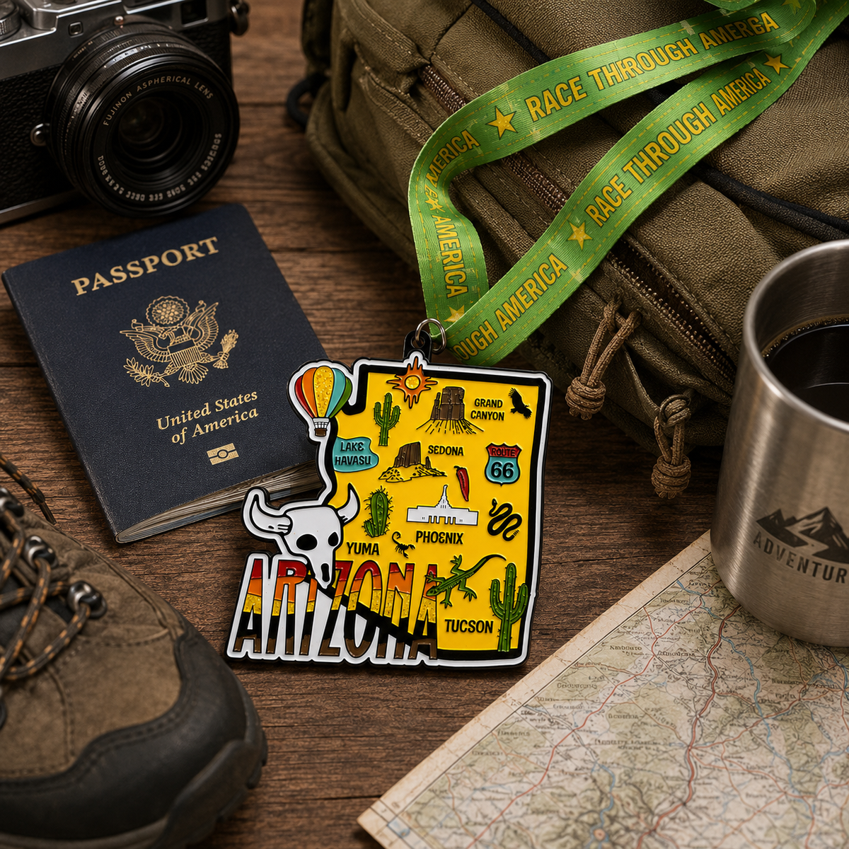 VirtualRunEvent Arizona Race medal featuring a scenic travel-inspired design for 5K, 10K, half marathon, and 50 mile challenges.