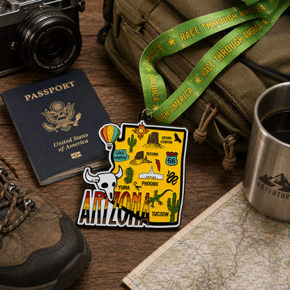 VirtualRunEvent Arizona Race medal featuring a scenic travel-inspired design for 5K, 10K, half marathon, and 50 mile challenges.