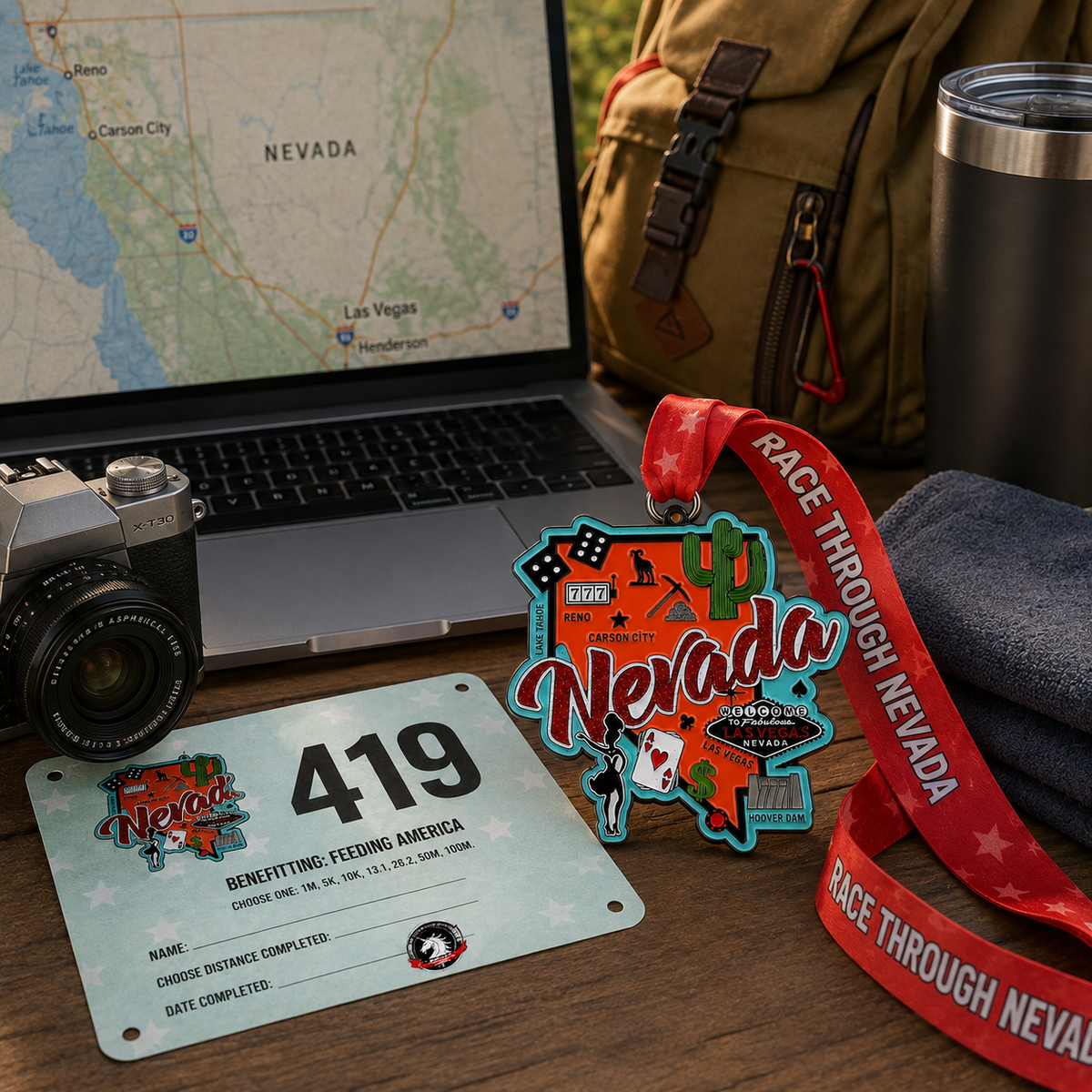 Virtualrunevent Nevada Race medal featuring travel scene design for 5K, 10K, Half Marathon, and 50 Mile Challenge finisher awards