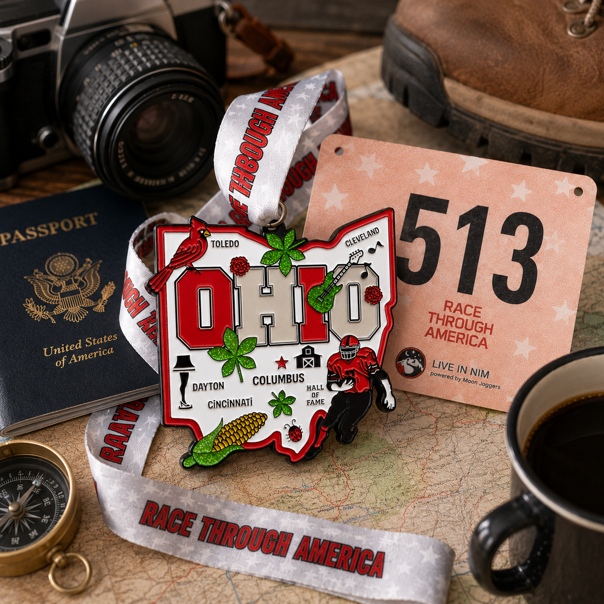 Virtualrunevent Race Through Ohio medal and bib featuring colorful travel scene and Ohio-themed design for race participants.