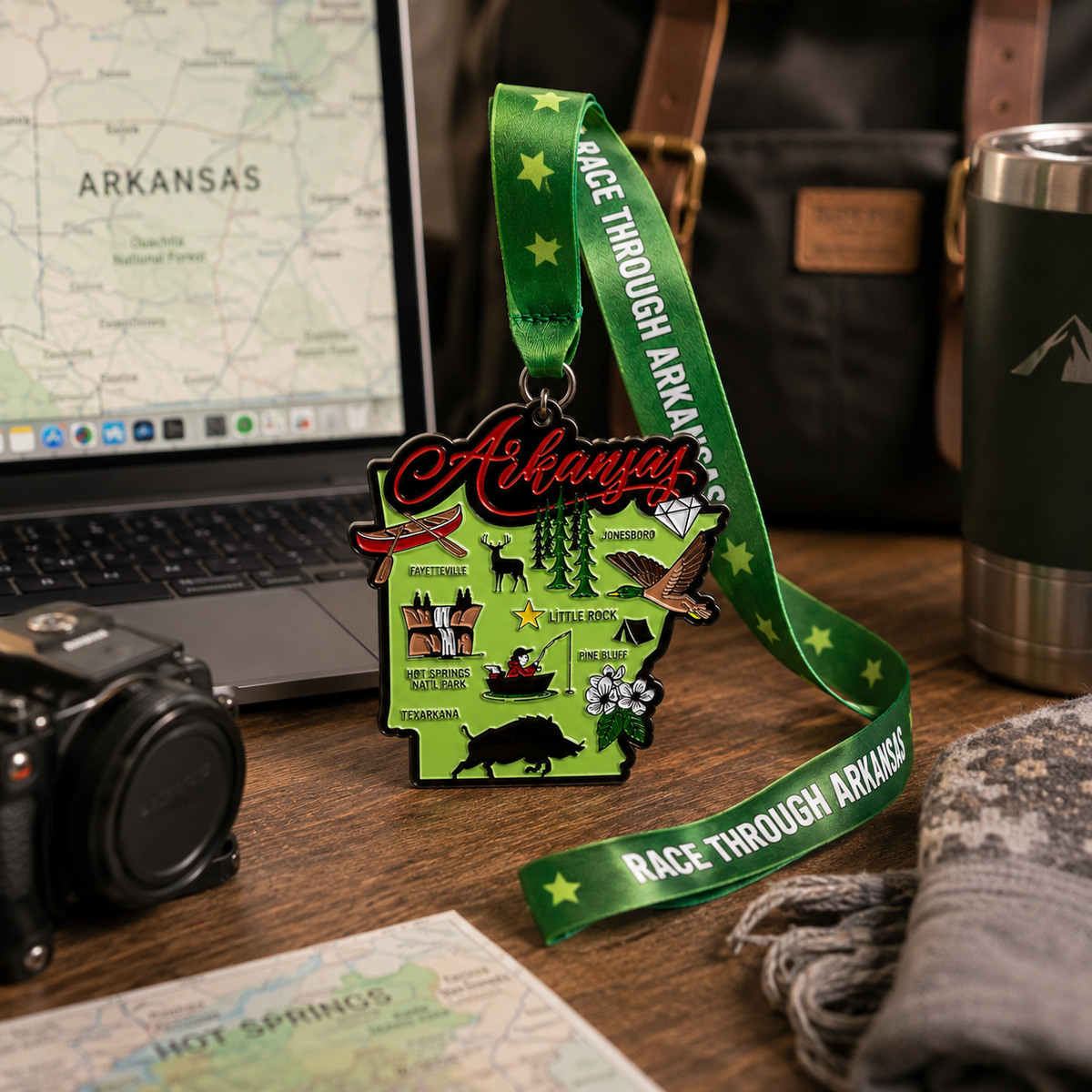 Virtualrunevent medal for Race Through Arkansas Virtual Race, featuring travel scene design for 5K, 10K, Half Marathon, and 50 Mile Challenge