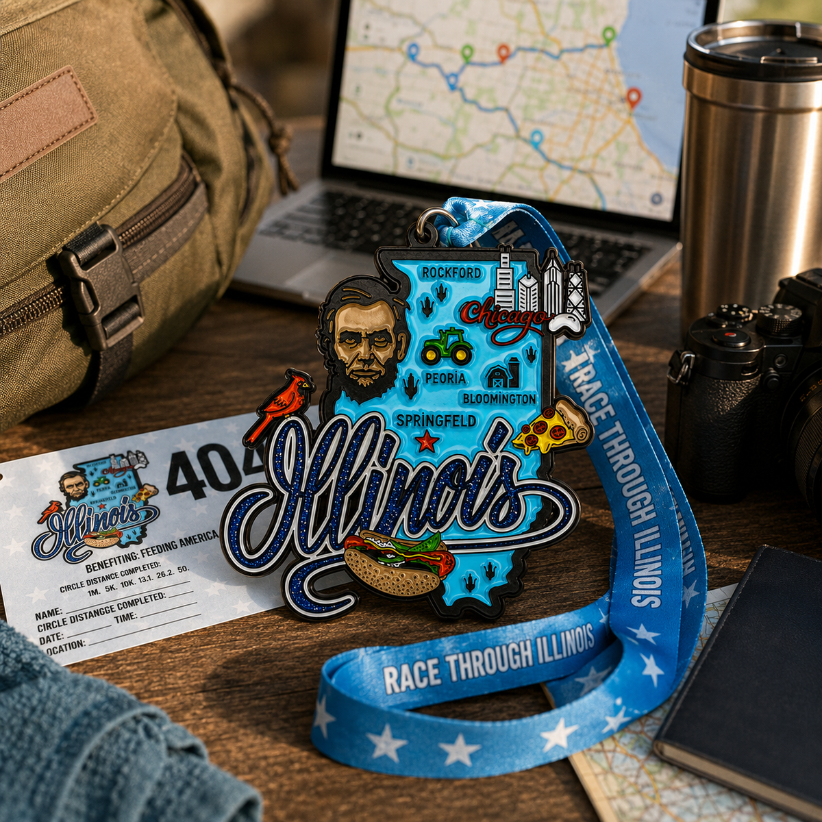 Virtualrunevent Illinois Race medal featuring travel scene design for 5K, 10K, half marathon, and 50-mile challenge finisher.