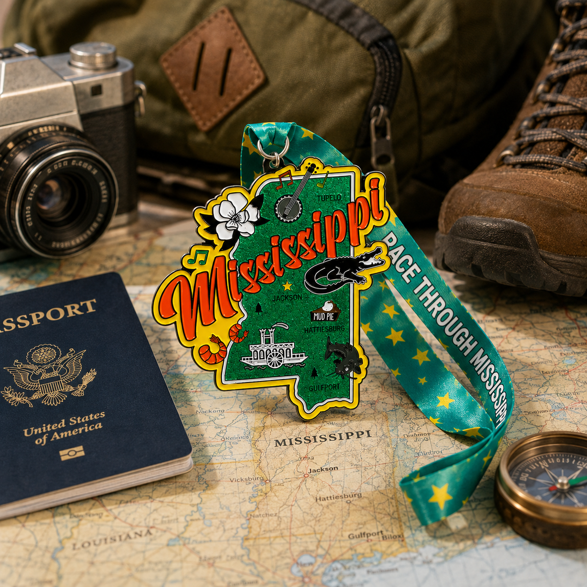 Virtualrunevent Mississippi Race medal featuring travel scene, 5K, 10K, Half Marathon, and 50 Mile Challenge finisher medal.