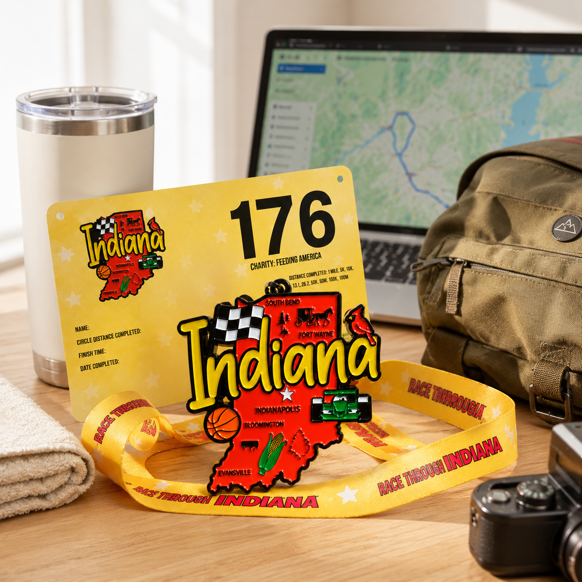Virtualrunevent Race Through Indiana medal with travel scene design for 5K, 10K, Half Marathon, and 50 Mile Challenge.