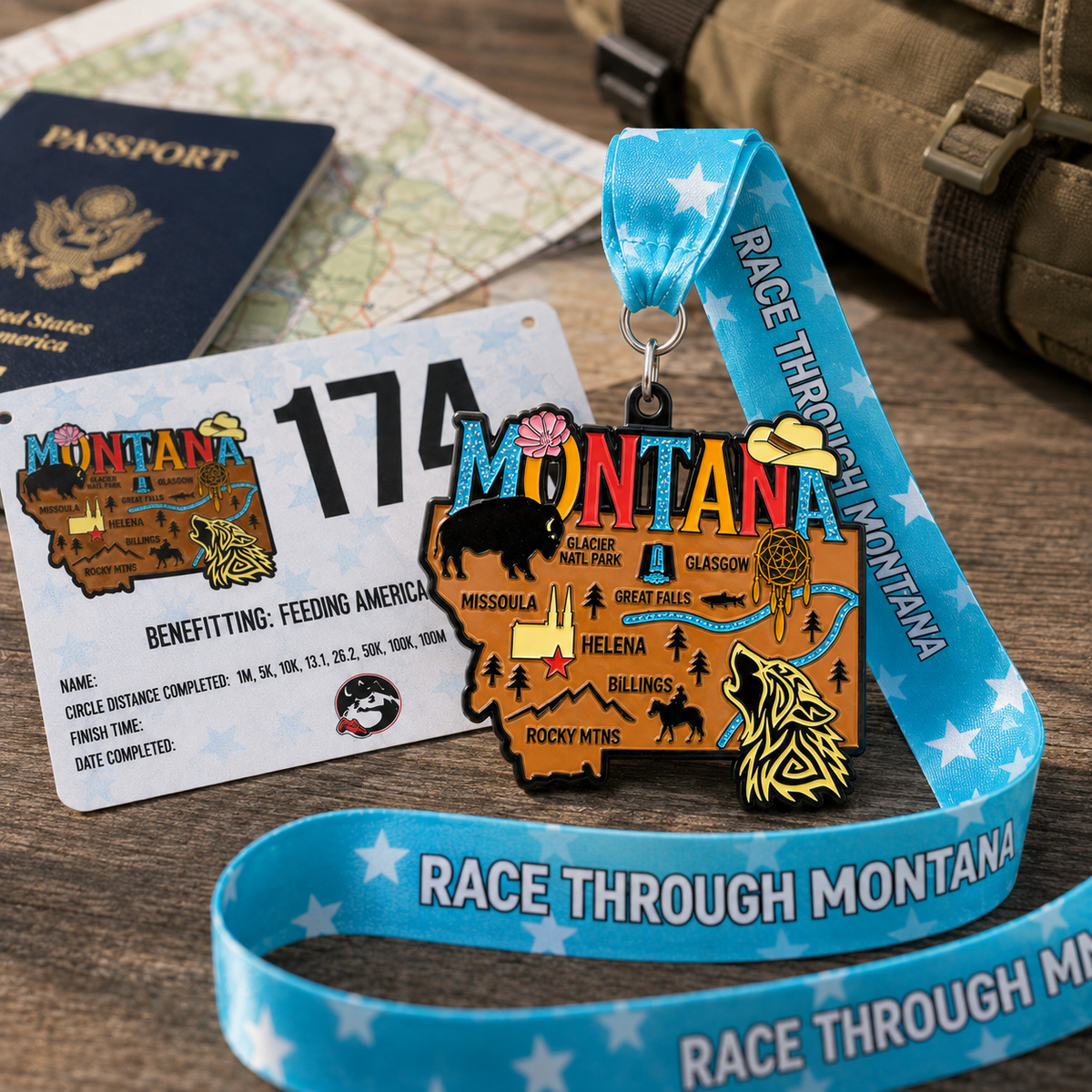 Medal for Race Through Montana Virtual Race by virtualrunevent, featuring scenic travel design for 5K, 10K, Half Marathon, and 50 Mile Challenge.