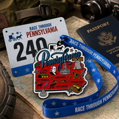 Virtualrunevent Pennsylvania race medal featuring a travel scene design for 5K, 10K, half marathon, and marathon finisher.