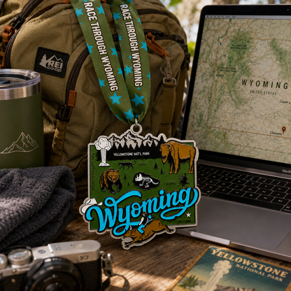Virtualrunevent Wyoming Race medal featuring a scenic travel scene, representing 5K, 10K, half marathon, and marathon distances.