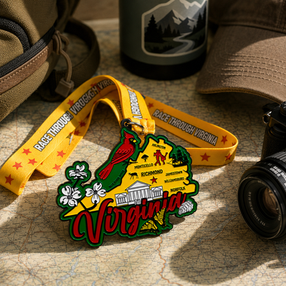 Virtualrunevent Race Through America 50 State Challenge medals and bibs displayed on a travel-themed background.