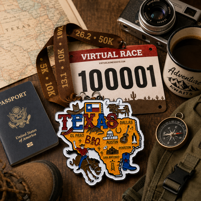 Virtualrunevent Race Through Texas medal featuring a travel scene, representing 5K, 10K, half marathon, and 50-mile challenges.