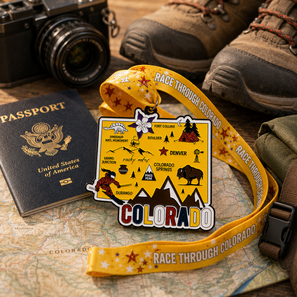 Virtualrunevent Colorado race medal featuring scenic travel elements for 5K, 10K, half marathon, and 50-mile challenge finisher