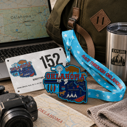 Medal for the Race Through Oklahoma Virtual Race by virtualrunevent, featuring travel scene design for 5K, 10K, half marathon, and 50 mile challenge
