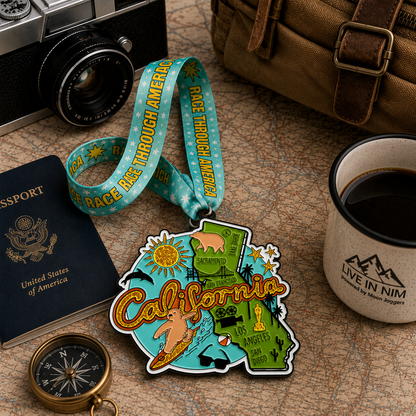 California virtual race medal from VirtualRunEvent featuring scenic travel design for 5K, 10K, half marathon, and 50-mile challenges