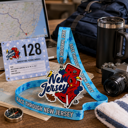 Virtualrunevent medal for Race Through New Jersey Virtual Race 5K, 10K, Half Marathon, or 50 Mile Challenge, featuring travel scene design.