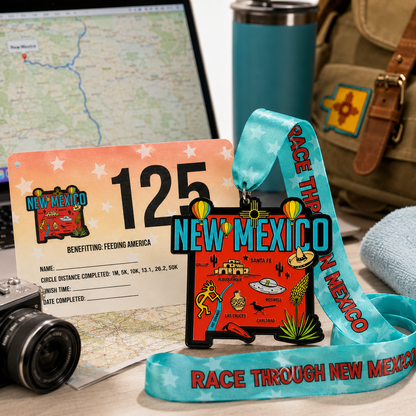Virtualrunevent New Mexico Race medal featuring a travel scene design for 5K, 10K, half marathon, and 50-mile challenge.