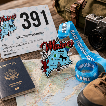 Virtualrunevent Race Through Maine medal featuring scenic travel imagery for 5K, 10K, half marathon, and 50-mile challenge finisher