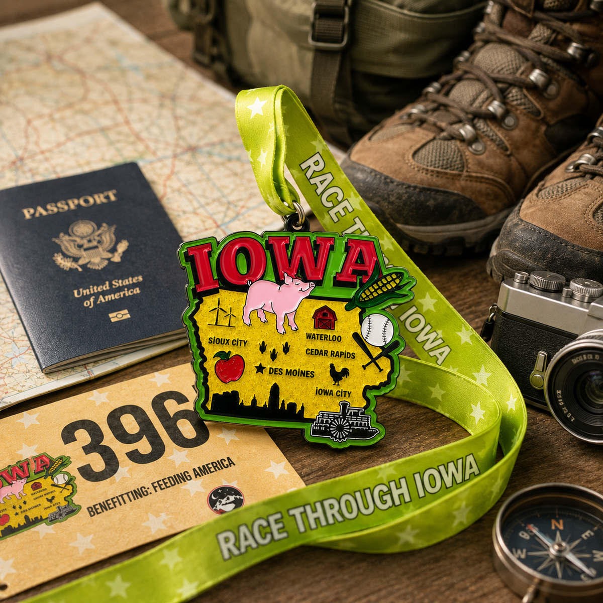 VirtualRunEvent Iowa race medal featuring travel scene design for 5K, 10K, Half Marathon, and 50 Mile Challenge.