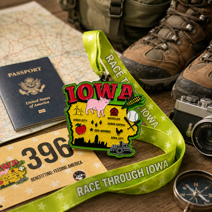 VirtualRunEvent Iowa race medal featuring travel scene design for 5K, 10K, Half Marathon, and 50 Mile Challenge.